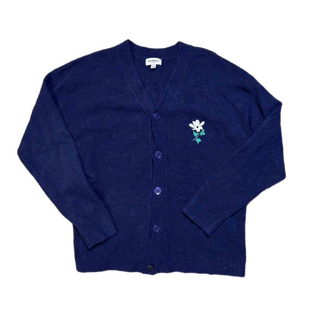 Goodfellow & Co Navy V‑Neck Button Cardigan with Small White Floral Detail